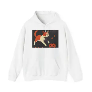 Halloween Cat Hoodie, Cozy Fall Sweatshirt, Unisex Pullover for Autumn, Pumpkin Lover Gift, Spooky Cat Sweatshirt