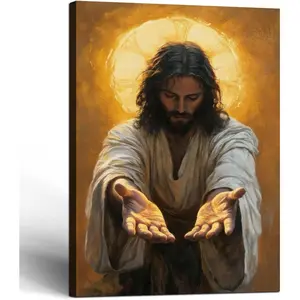 Framed Jesus Canvas Wall Art Photo with Gold Halo, Christian Religious Poster, Inspirational Home Decor, 24x36 in Ready-to-Hang Wall Hanging for Home Church Prayer Room