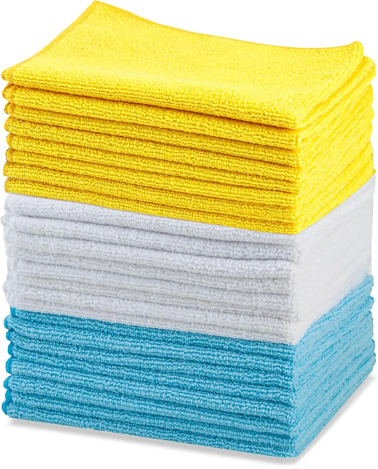 24 Pack Microfiber Cleaning Cloths 16"x12" – Ultra Absorbent, Lint-Free & Streak-Free, Non-Abrasive Reusable Washable Cleaning Towels, Multi-Surface for Kitchen, Car, Glass & Home Cleaning, Blue/White/Yellow