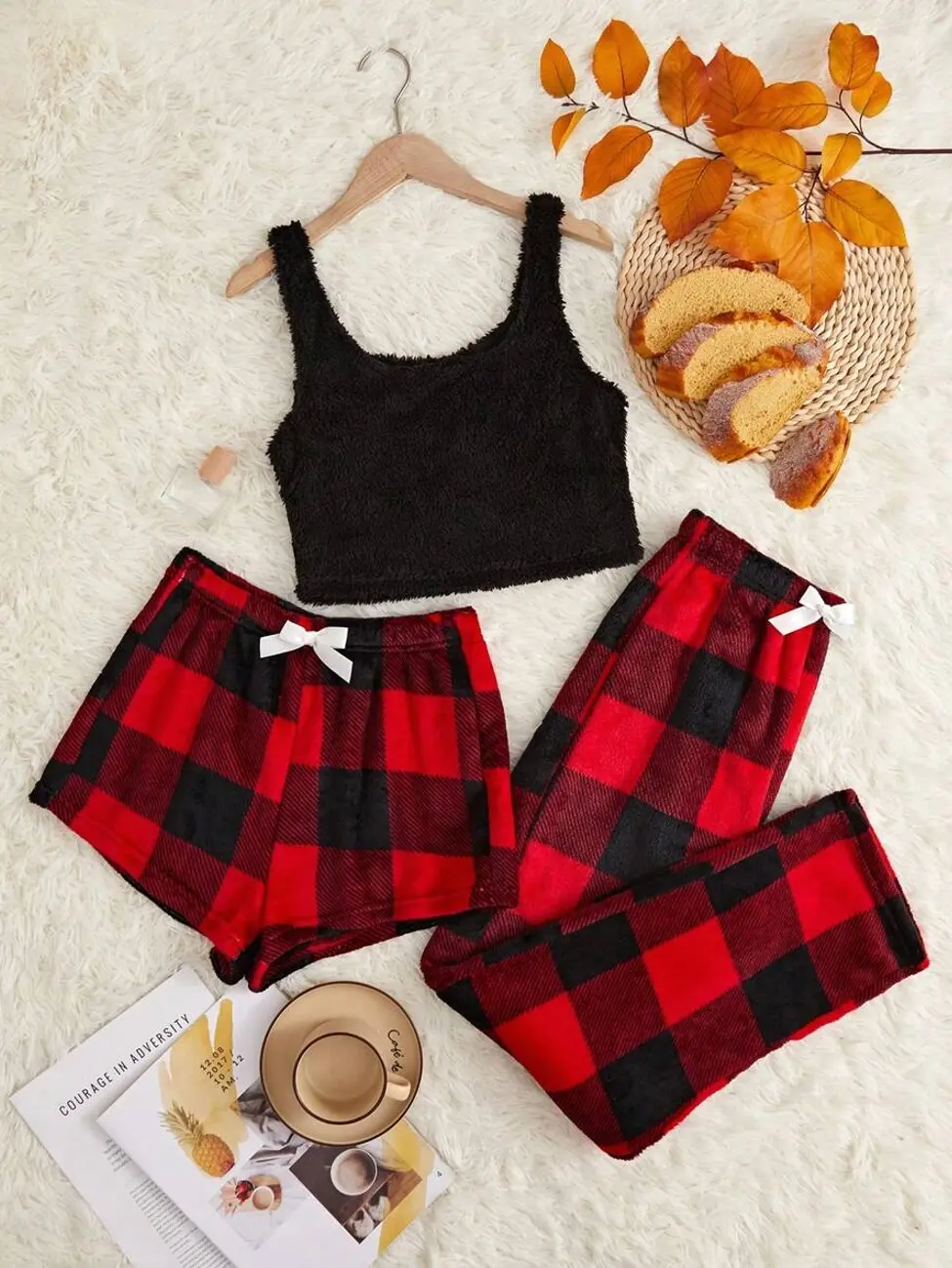 3-Piece Women's Plaid Contrast Bow Teddy Fleece Pajama Set with Shorts and Pants