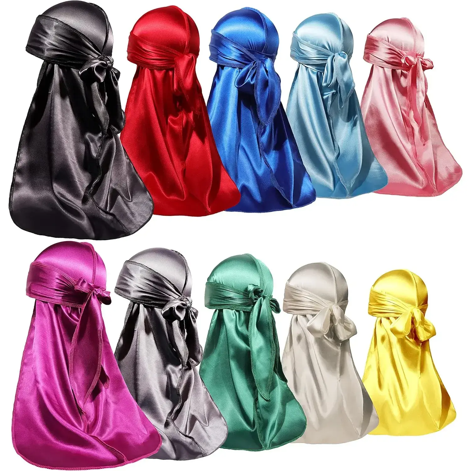 10-Piece Silky Satin Durag Set for Men - Long Tail, Reversible, Double Wrap, Moisture-Friendly Hair Covering for 360 Wave Maintenance, Ten Pieces