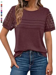 2026 Women's Short Sleeve Shirts, Dressy Lace Summer Tops, Spring Trendy Casual Solid T-Shirts, Cute Work Blouses