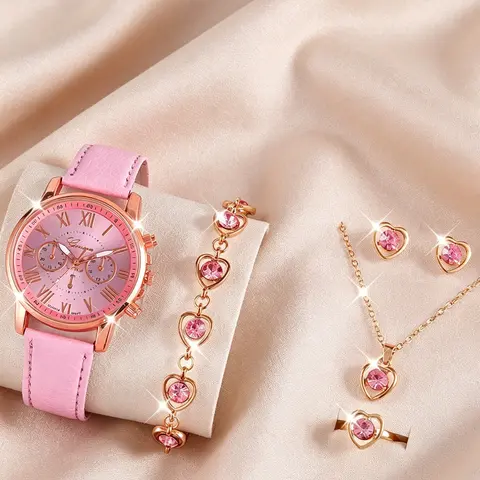 Women's Elegant Round Dial Quartz Watch & Rhinestone Decor Jewelry Set, Trendy Accessory Set, Fashion Watch Set for Party Decor, Trendy Exquisite Watch Set for Birthday Gift (without Box)