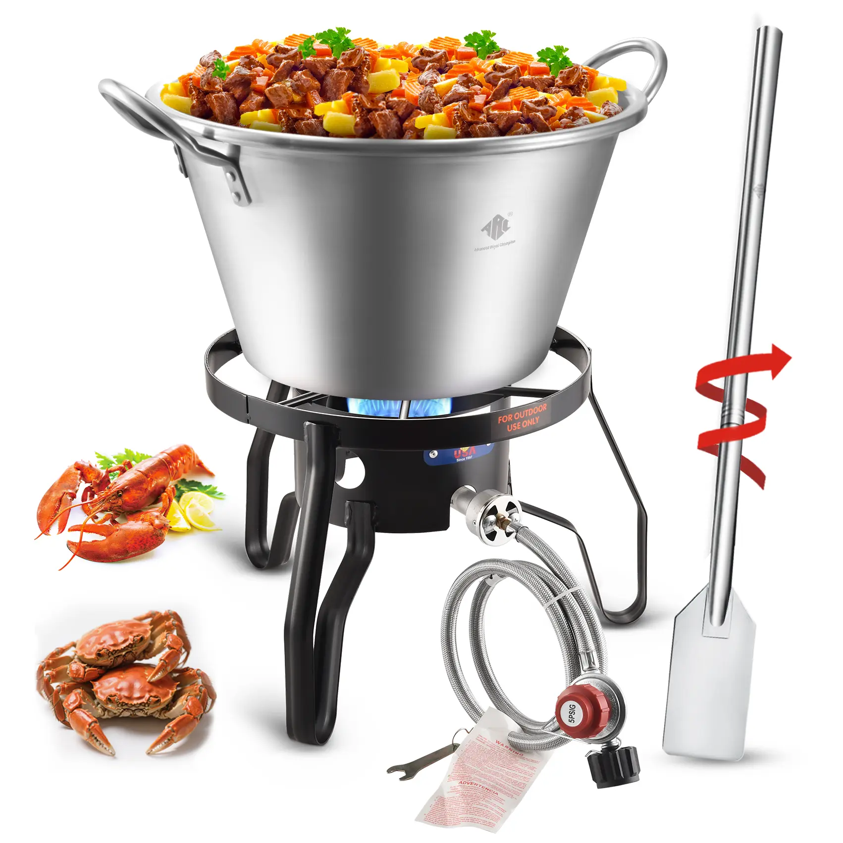 21" 41QT Alloy Steel Outdoor Wok & Propane Stove Cooker Set - Mexican Cazo Para Carnitas, 36" Mixing Paddle, Compact, Lightweight, High Heat Resistant, Portable Frame, Stainless Steel, Durable, Large Size Stovetop, Portable Fit for Camping Outdoor Cooking