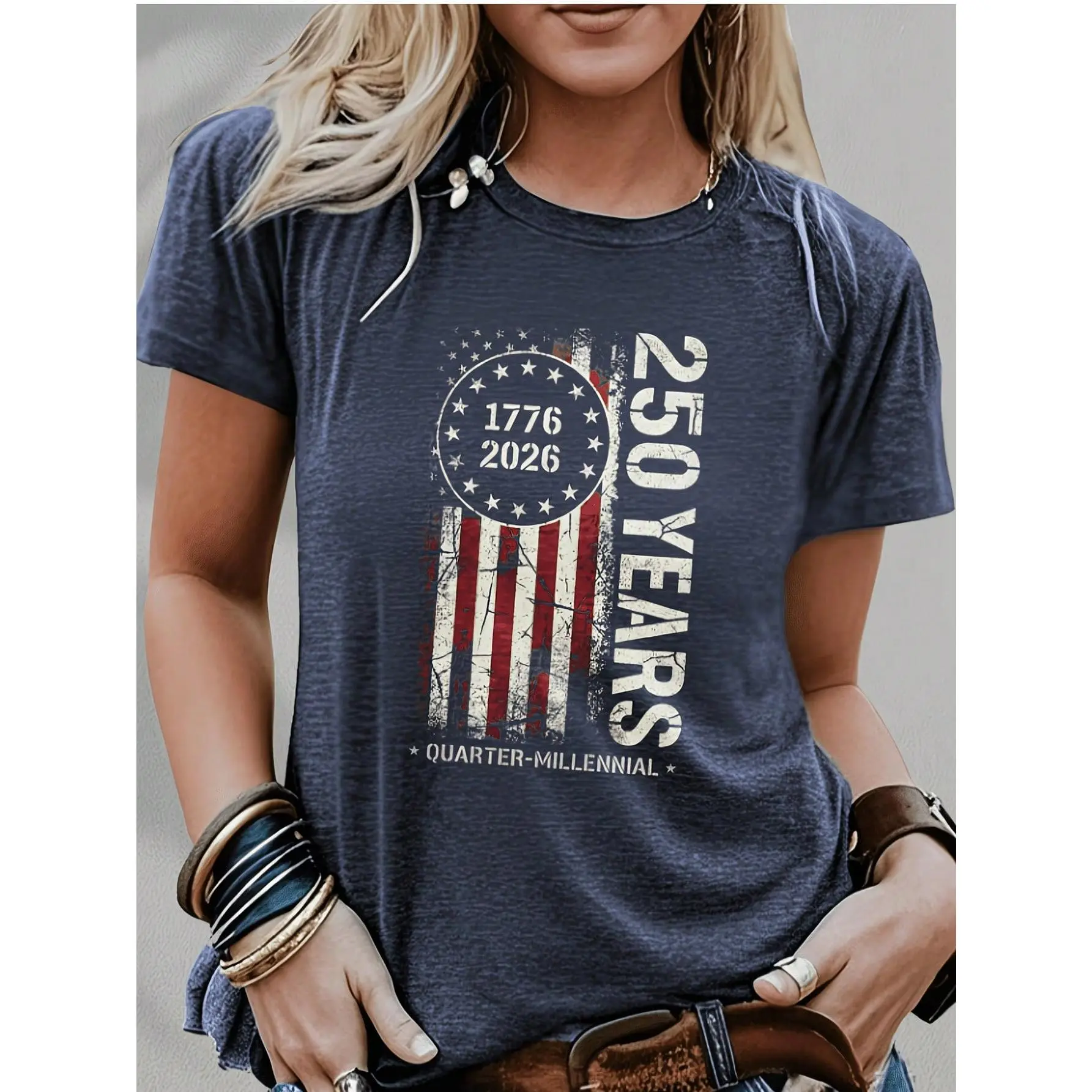 Women's 250th Anniversary American Flag Graphic Cotton Fabric T-Shirt - Casual Loose Fit, Short Sleeve, Round Neck, Retro, Fashion, Cute, Basic Streetwear Top for Fourth of July, Christmas, Independence Day, Tshirt
