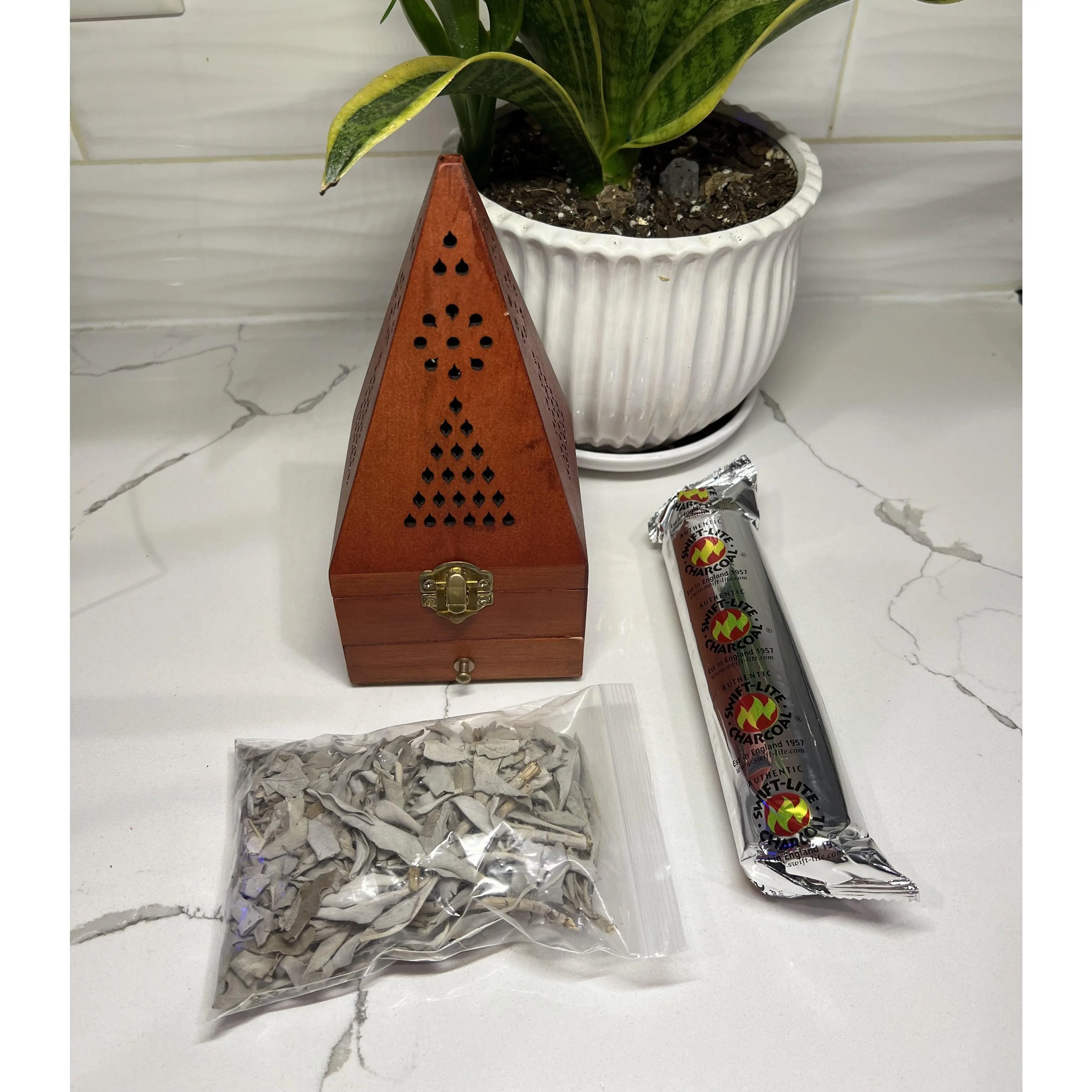 Incense Box With Charcoal And Loose Sage | Wooden Incense Burner