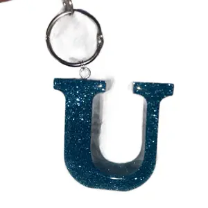 U Glitter Resin Keychain - Sparkling Blue Letter U Charm for Bags and Keys