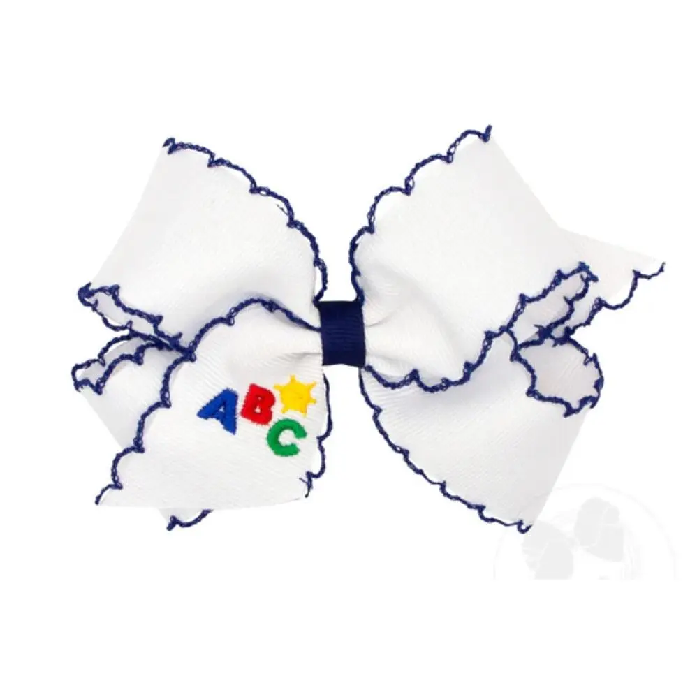 King Grosgrain Hair Bow with Blue Moonstitch Edge and ABC Embroidery