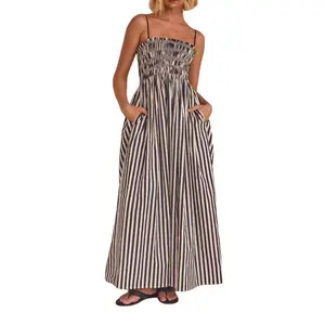 Womens Summer Sleeveless Striped Maxi Dress Aline Midi Dress Swing Spaghetti Strap Boho Flowy Sundress