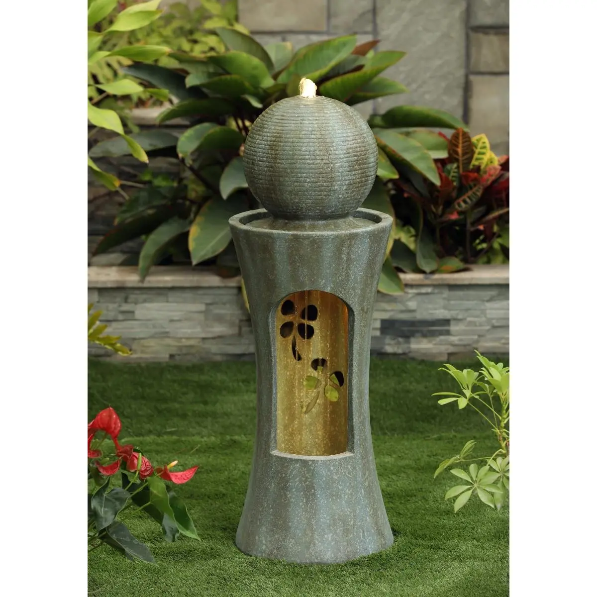 Jeco JR450 Neutral Modern Polyresin Ball Water Fountain (14.2x14.2x39 in) with LED Light, Adjustable Water Flow, Sturdy Weather-Resistant Build, Easy to Move, Indoor/Brick Wall Use, Garden Decor, Sets Up in Minutes (Fountains & Bird Baths), 14.2 Inch X 14