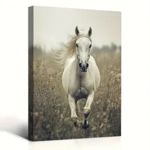 A Modern Beautiful Wall Art - White Horse Running on the Grassland, Contemporary Country Style Canvas Print with Wooden Frame, 11.8x 15.7inch , Perfect for Bathroom and Bedroom Decoration, Bedroom Wall Decoration| Country Style Wall Painting| Wooden Frame