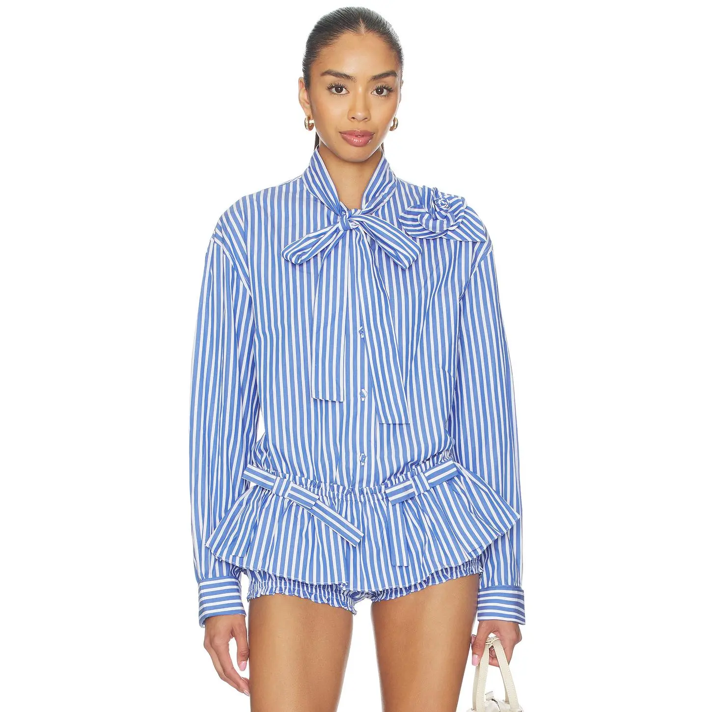 AKNVAS Flor Poplin Deep Blue Stripe Shirt With One Rose in Deep Blue