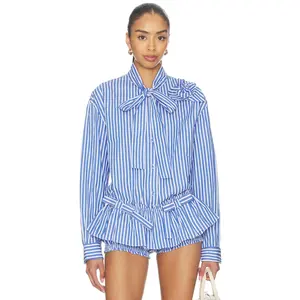 AKNVAS Flor Poplin Deep Blue Stripe Shirt With One Rose in Deep Blue