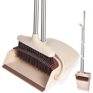 Broom and Dustpan Set with Long Handle, Light Weight Stainless Steel Poles Stand Upright Dustpans with Broom Combo for Home Kitchen Office Pet Dog Hair, Brown & Beige Color, 1-Pack