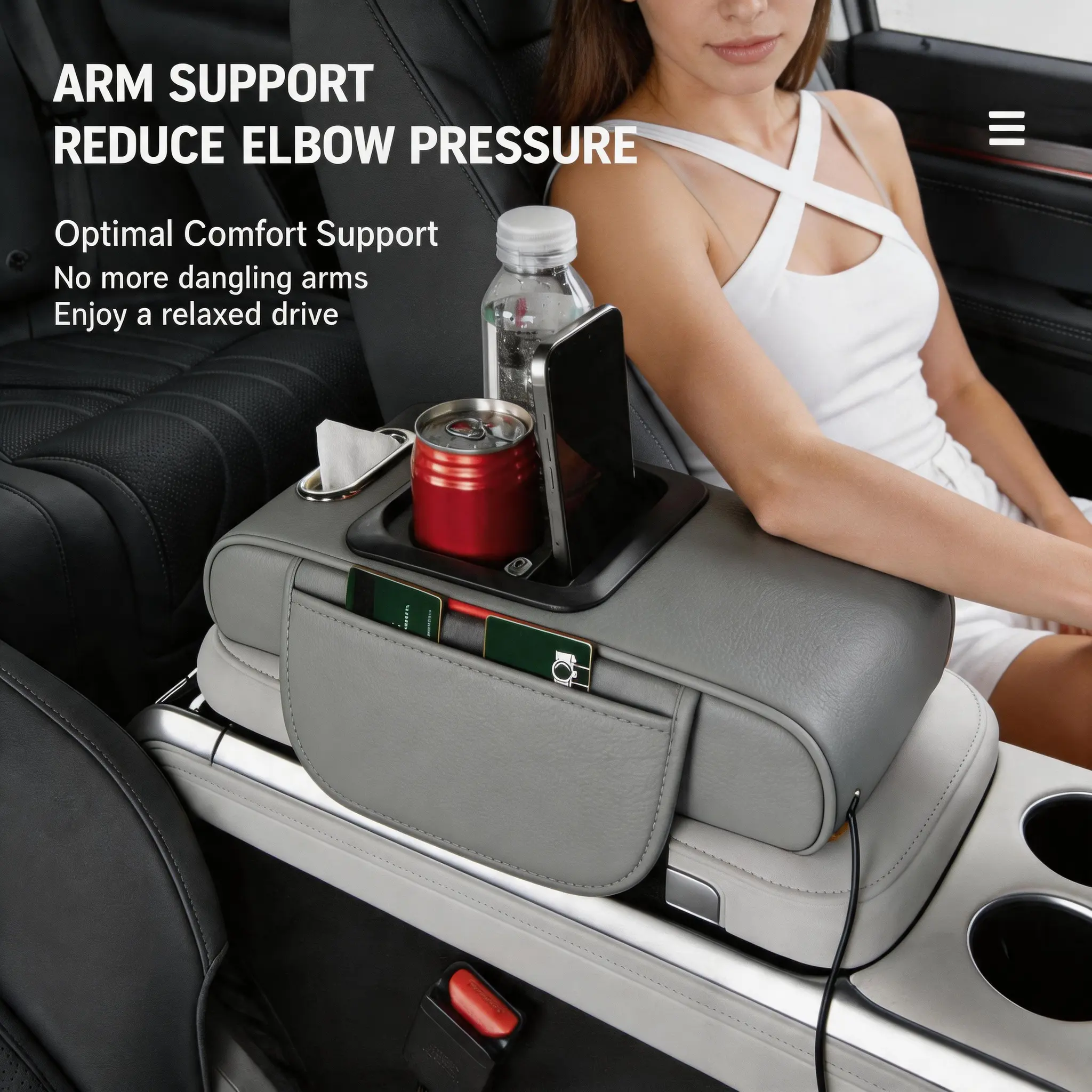 Car Armrest Console Accessory - Dual Cup Holder, Hidden Storage Compartment, Built-In Tissue Box, Starry Ambient Lighting, 2-In-1 Fast Charging USB-C Cord for Car Interior Upgrade, 【Summer Sale Deals】