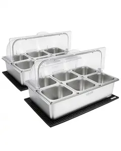 VEVOR Countertop Food Serving Display Container, Stainless Steel Food Salad Server Tray, Buffet Condiment Dispenser, Ice Cooled Rack with Clear Roll Top Cover, for Restaurant Hotel (6x1/6 Pan x2)