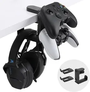 PC Gaming Headphone Stand & Controller Holder - 3 in 1 Universal Headset Controller Hook with Adjustable and Swiveling Arm Clamp, Black