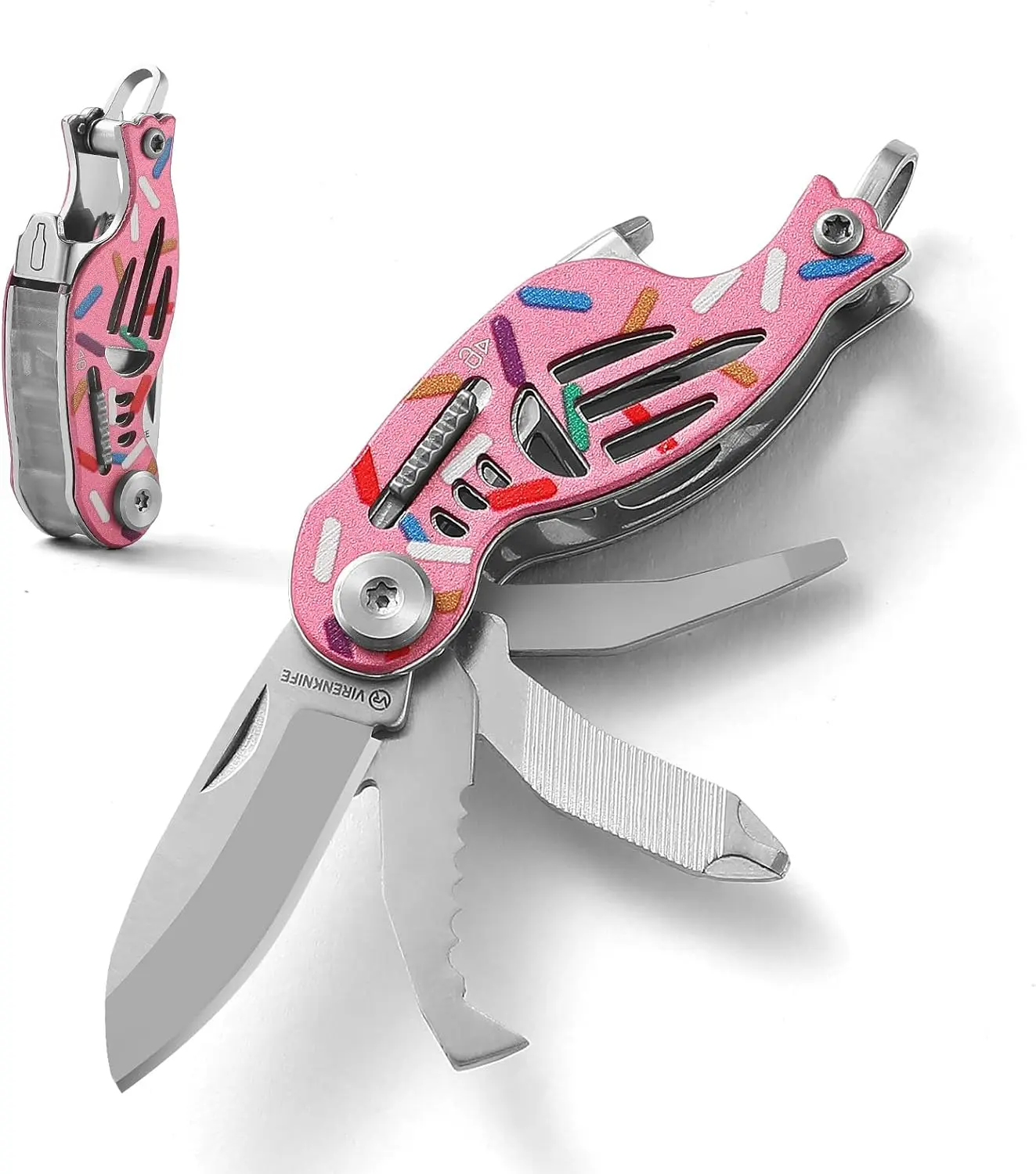 VIRENKNIFE 9-in-1 Pink Donut Mini EDC Pocket Utility Knife - Keychain Multitool with Safety Lock, Package Opener, Bottle Opener, Screwdriver, File, Everyday Carry Gear, Mini Gifts for Brother, Great Gift Choice