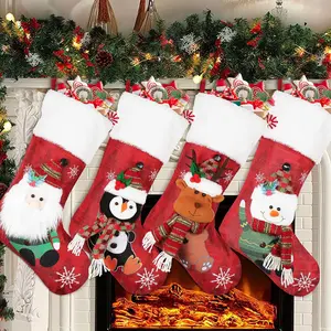 X-SOK04  Christmas Stockings 4 Pack, 19'' Xmas Stockings with Snowflake Santa Snowman Reindeer Penguin and Plush Faux Fur Cuff Stockings for Stairs Fireplace Hanging Xmas Home Decor