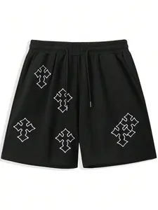 Men's Cross Print Shorts, Streetwear Casual Elastic Waist Drawstring Shorts, Black Fashion Hip Hop Athletic Shorts for Daily Wear & Leisure, Fitted Fashion Shorts