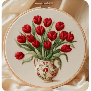 Beginner Kit, Elegant Floral Cross Stitch Set, Embroidery Craft, Includes Printed Cotton Fabric, Threads, Needles, Pattern Booklet, 20cm Bamboo Frame