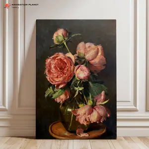 Moody Vintage Rose Bouquet Canvas Wall Art, Dark Background Floral Still Life Oil Painting Print, Antique Botanical Decor for Living Room Bedroom