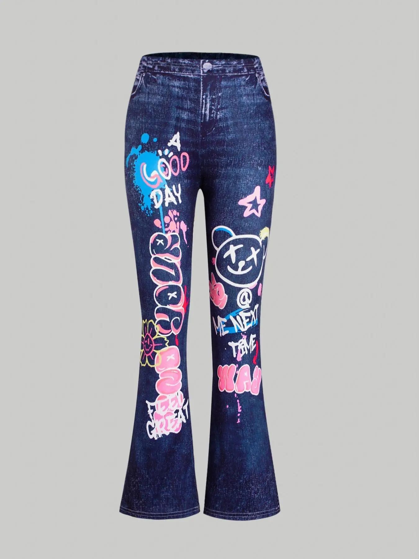 Girl's Cartoon Letter Print Flare Leg Pants, Casual Comfy Denim-effect Print Bell Bottom Trousers for Spring & Fall, Kids Bottoms for Daily Wear