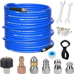 100FT  Washer Sewer Jetter Kit, 5800 PSI Water Jet Drain Cleaner Hose with Corner Rotating Button Nose Nozzle, 1/4 Inch NPT, Kit Includes Sewer Jetting Nozzles and Spanner Handle Strap