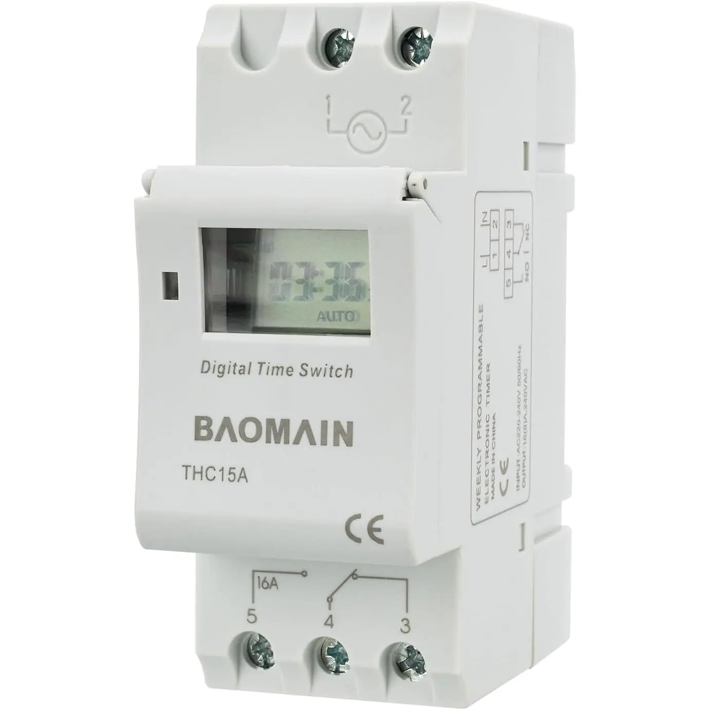 THC15A Digital LCD Programmable Timer Switch Relay with Accurate Control for Fans, 16A Capacity, 220VAC(±15%)/220V-240V AC Power Supply, Lithium Battery, 3-Year Memory Backup, 28 On/Off Controls, -10 to +40°C, White, 120g, Digital Display