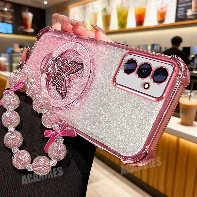 Star Lanyard Plating Butterfly Holder Shockproof Silicone Case For Samsung Galaxy A16 A17 A26 A36 A56 M56 5g A07 A06 Stand Cover