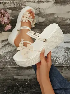Multi-Flower Thick Sole Flip Flops, Embellished with Rhinestone Flowers, Heightening Soft Non-Slip Sole, Casual All Seasons Wear, Sandal