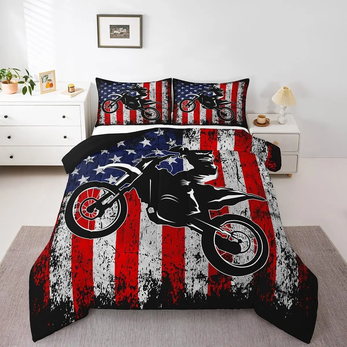 Feelyou Microfiber Bedding Set - Tie-Dye Print Retro American Flag Dirt Bike Motocross Themed, Whole-Piece Travel-Friendly Duvet Set for Motor Bikers (RV/Outdoor Use)