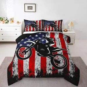 Feelyou Microfiber Bedding Set - Dirt Bike Themed Tie-Dye Retro American Flag Motocross Quilt Duvet Set for Motor Bikers