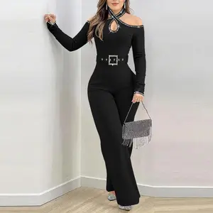ChicMe Rhinestone Decor Formal Jumpsuit Cold Shoulder Long Sleeve Romper with Belt Zipper Back Wedding Guest Cocktail Party Outfit