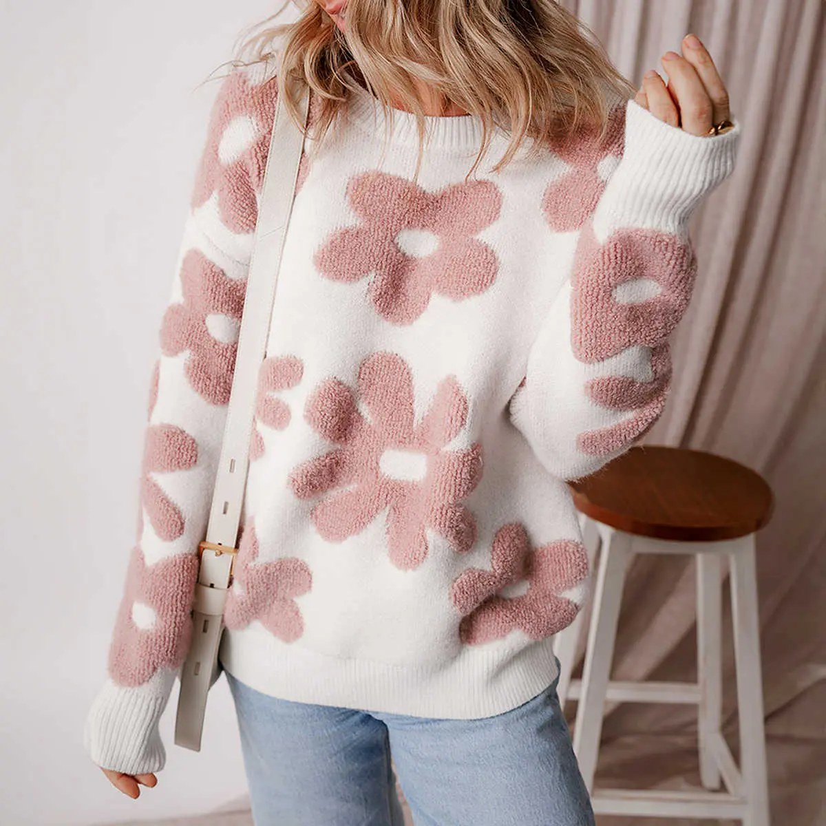 White Textured Flower Drop Shoulder Loose Sweater