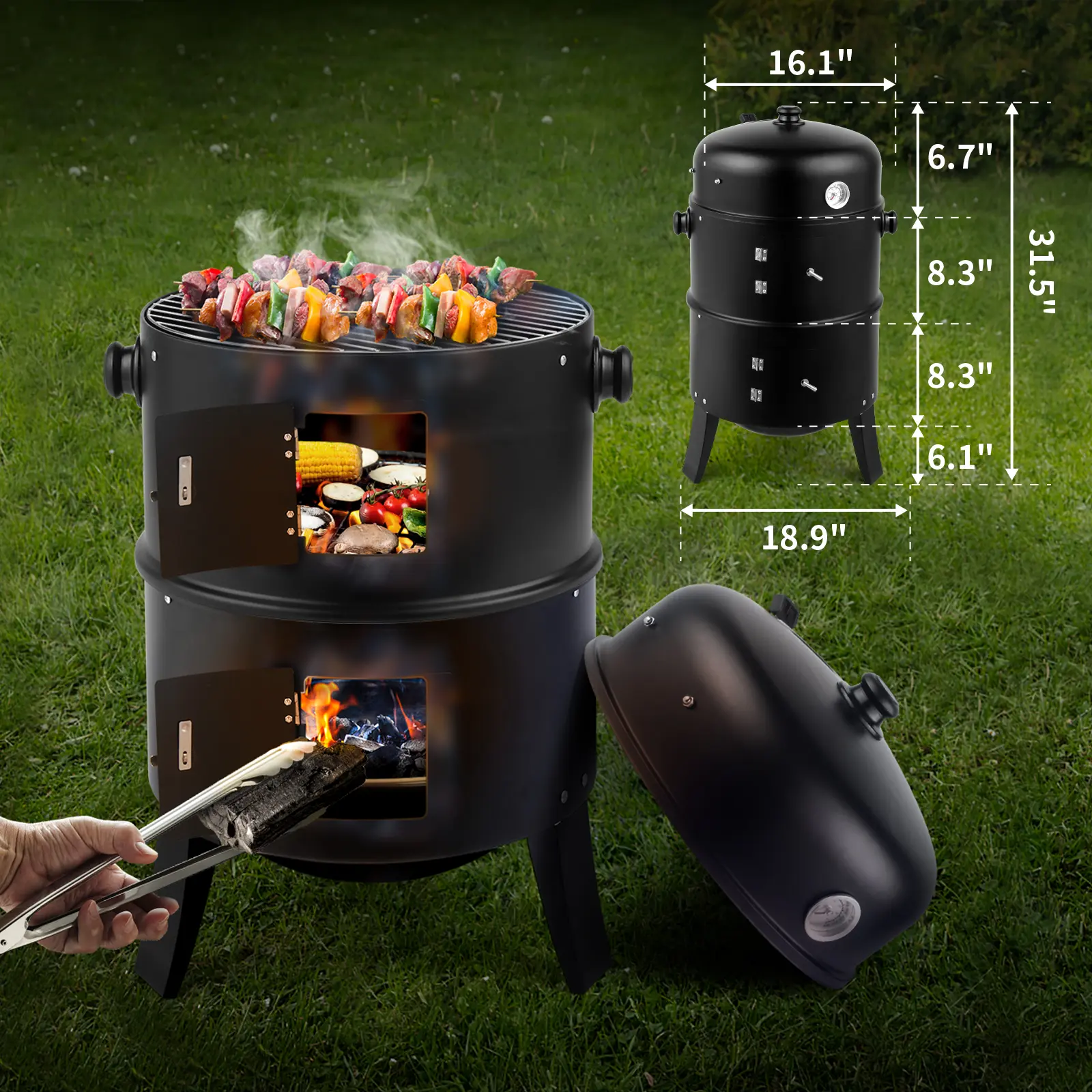 Large Capacity Charcoal Smoker Barbecue Grill - 80×41×48cm Sturdy Black Powder Coated Steel Heavy-Duty Self-Contained Open Flame Grill for Patio, Beach, Camping | Camp Kitchen Essential, Portable, Roasting, Backyards, 12Lbs, Outdoor Bbqs