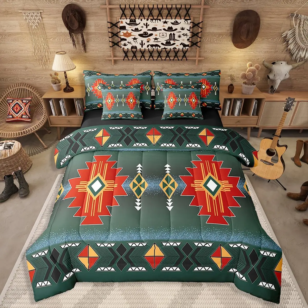 Feelyou 7-Piece Aztec Print Bedding Set - Ultra-Soft Bed-in-a-Bag with Southwest, Rustic Western, Bohemian Themes, Vintage Geometric Sheets & Exotic Native American Comforter (Multi-Size Option)