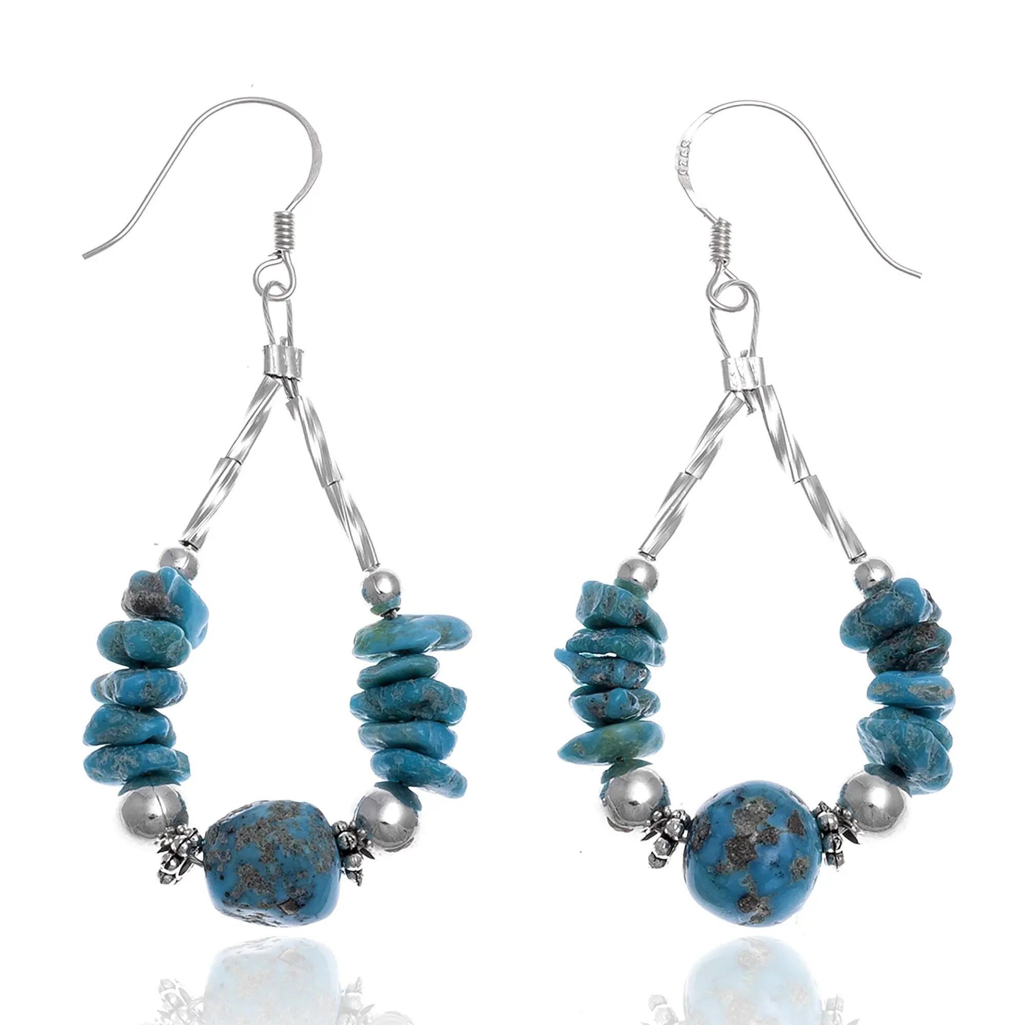 Natural Turquoise .925 Sterling Silver Certified Authentic Navajo Native American Dangle Earrings 18153