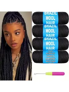 100% Brazilian Wool Hair Acrylic Yarn Synthetic Braids for African Braids/Senegalese Twist/Faux Locs/Wraps with Free Gift(2/4/8 Roll, Natural Black)