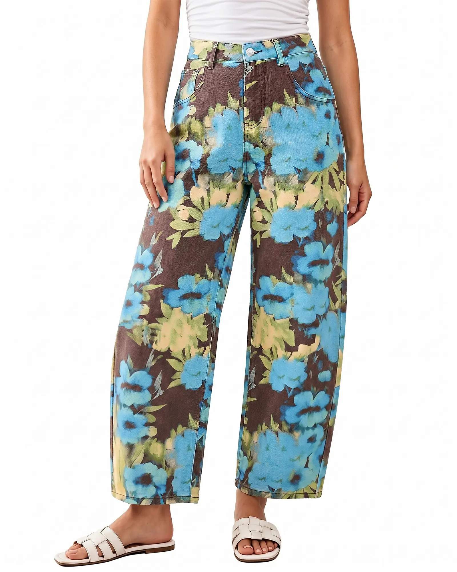 luvamia Barrel Jeans for Women Cropped High Waisted Baggy Colored Floral Printed Women Western Boyfriend Jeans Stretchy