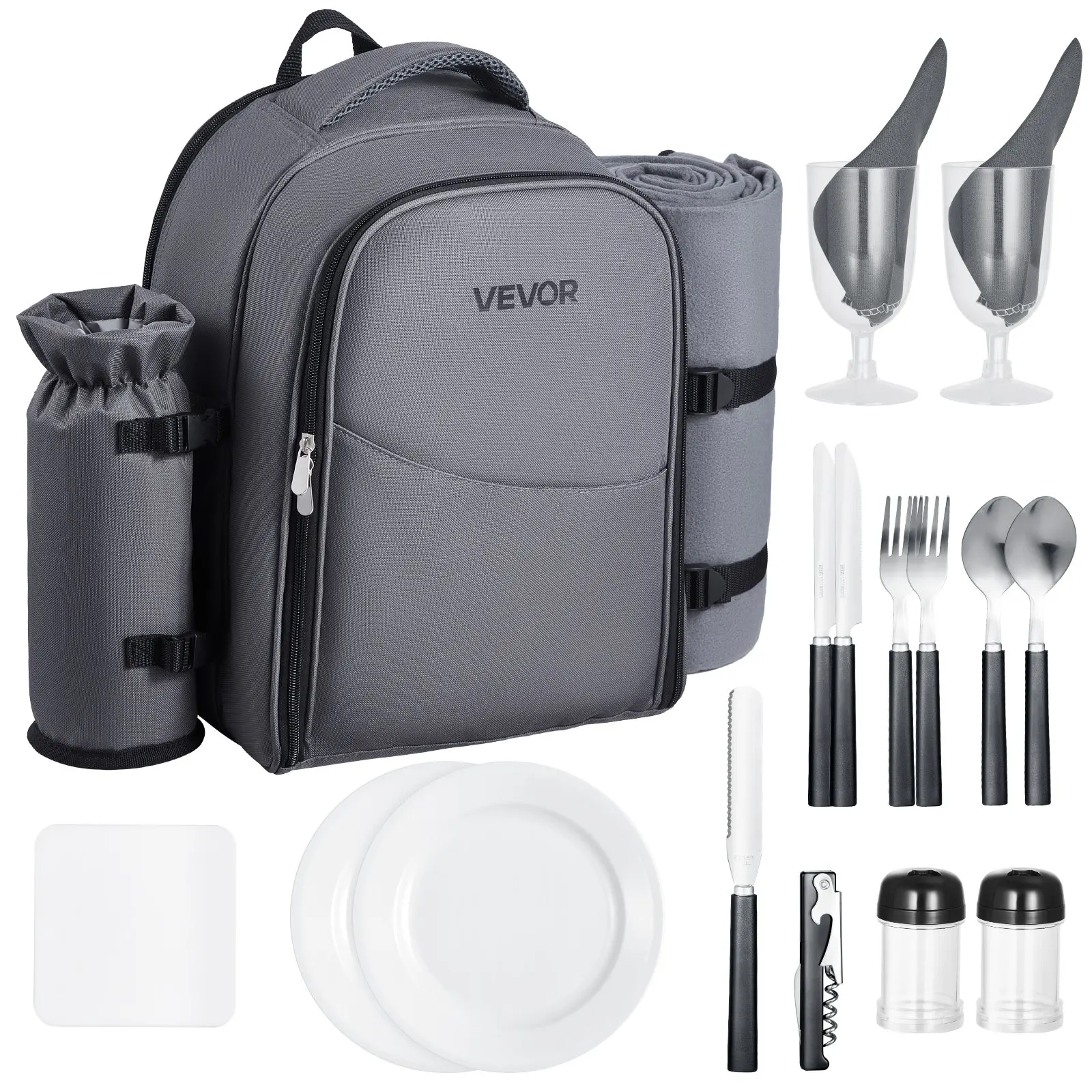 【DealsForYouDays】VEVOR 2-Person 20L Picnic Backpack Kit, 600D Oxford Fabric Outdoorgear with Insulated Cooler Compartment, Detachable Bottle/Wine Holder, Lightweight Blanket, Plates & Cutlery Set, Easy to Clean for Hiking, Beach, Grey, Picnicbasket