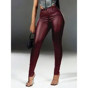 High-waisted PU leather skinny street jeans, punk-style elastic tapered pants with slanted pockets, perfect for music festivals, high-waisted design GARMENTARY