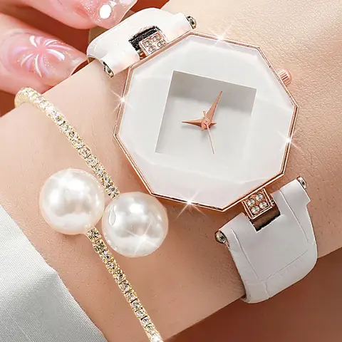 Women's 2-Piece Fashion Accessory Gift Set - Watches for Women with Octagonal-Case Quartz, Croc-Textured Strap, Hollow Square Crystal-Paved Simulated-Pearl Bracelet, Office & Party-Ready
