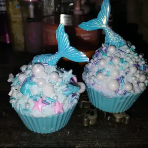Mermaid Sugar Swirl Soap Bath bombs with Blue Mermaid Tail and Pearl Decorations for a Magical Bath Experience. With exfoliating Sugar beads.