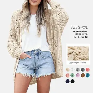 Women’s Lightweight Crochet Cardigan, 2025 Spring New Arrival — Long-Sleeve Open-Front Oversized Knit Summer Cardigan Sweater, A_White Basic Minimalist Knitwear Top