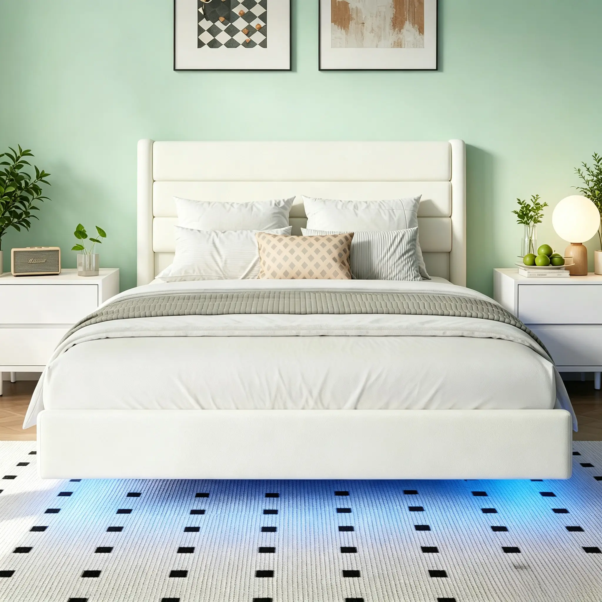 CollaredEagle Upholstery Bed Frame Queen Size Sturdy Floating Bed Frame With Usb Charging Station Upholstered Headboard For Small Modern Bedrooms