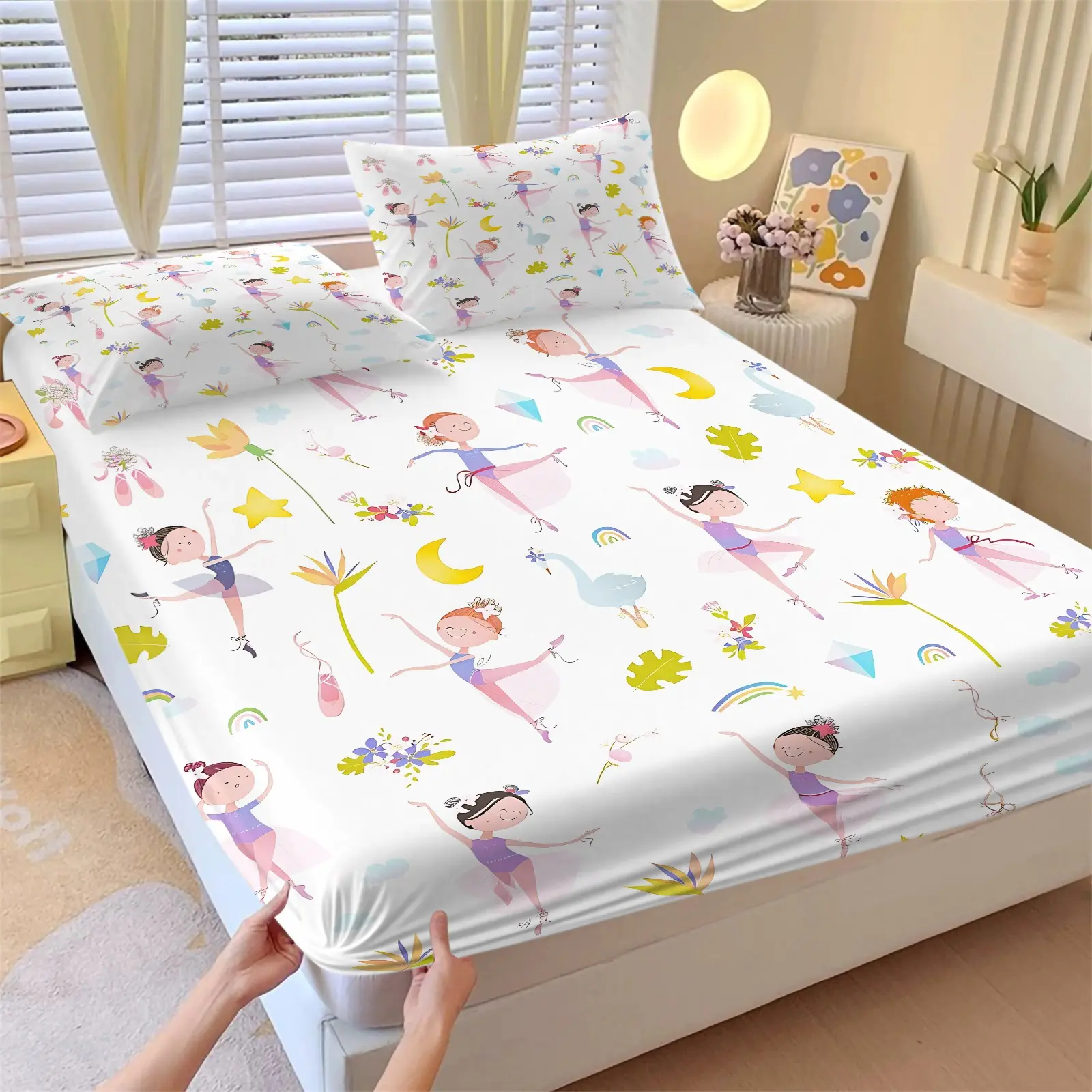 Ballerina Print Fitted Sheet Set, 1 Fitted Sheet + 2 Pillowcases, Cute Cartoon Ballet Girls Pattern Bedding, Soft Breathable Microfiber Bed Linen for Girls Kids, Toddler Girl Bedding Set, Cute Sheets, Wrinkle & Fade Resistant