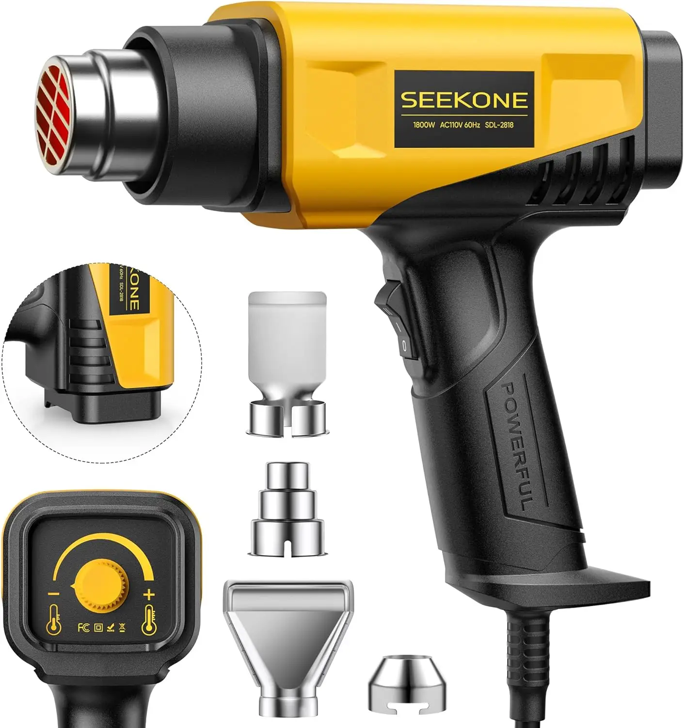 SEEKONE 1800W Heat Gun Compact Design Heavy Duty Hot Air Gun Variable Temperature Control for 2-Temp Settings 122℉~1202℉(50℃- 650℃)Portable Power Tool