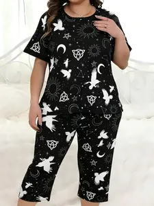 Women's Plus Size Sleepwear Set Summer Fashion Plaid Short Sleeve Top + Seven-Quarter Pants Home Wear Two-Piece Comfortable Casual Animal Print Pajama Set Loungewear Homewear Pjs Loungewear Nightwear Set Pajamas Lounge Set