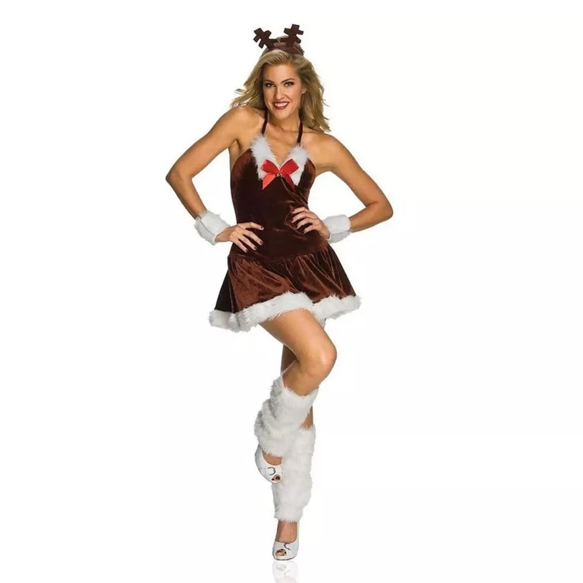 Festive Lady Reindeer Costume for Christmas, Sexy Holiday Dress & Accessories Set with Cuffs and Furry Leg Warmers, Adult Party Clothes
